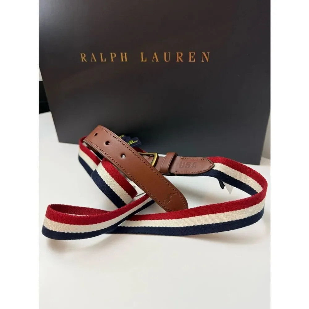 Polo Ralph Lauren Men’s 3X Striped Belt Leather Trim Golf Preppy XXL